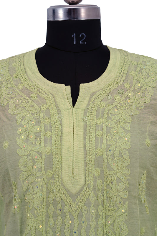 Chanderi Parrot Green-Sequence work Long Kurti