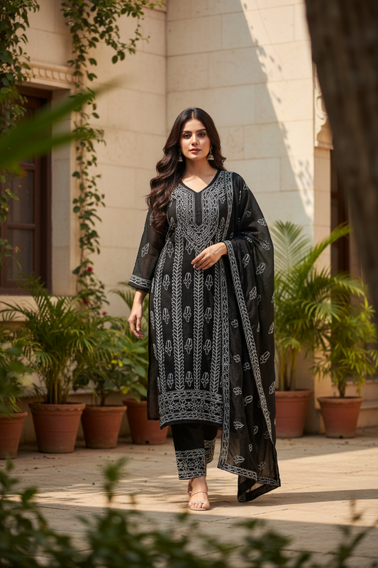 Faux Georgette-Black with White Chikankari Kurti