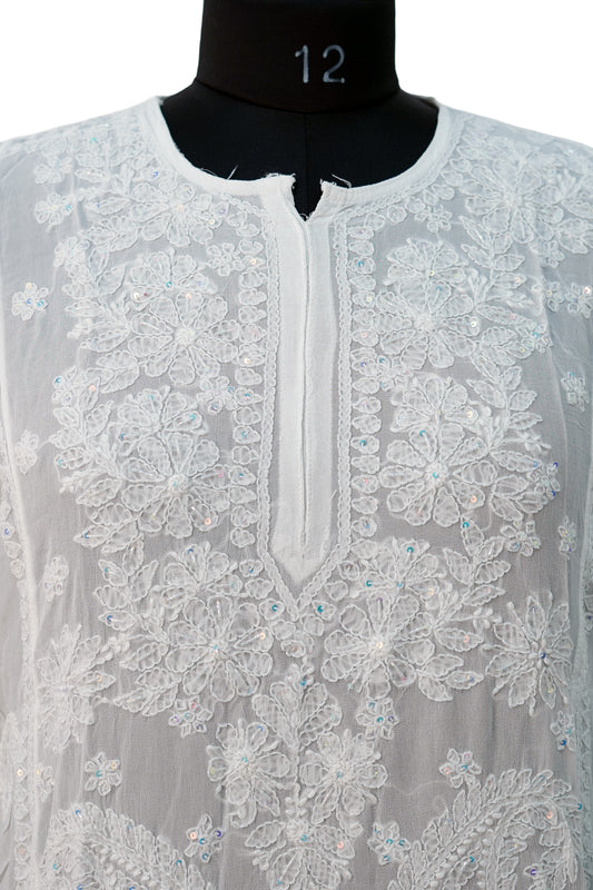 Pure Shiffon Jaal with sequence-White Kurti