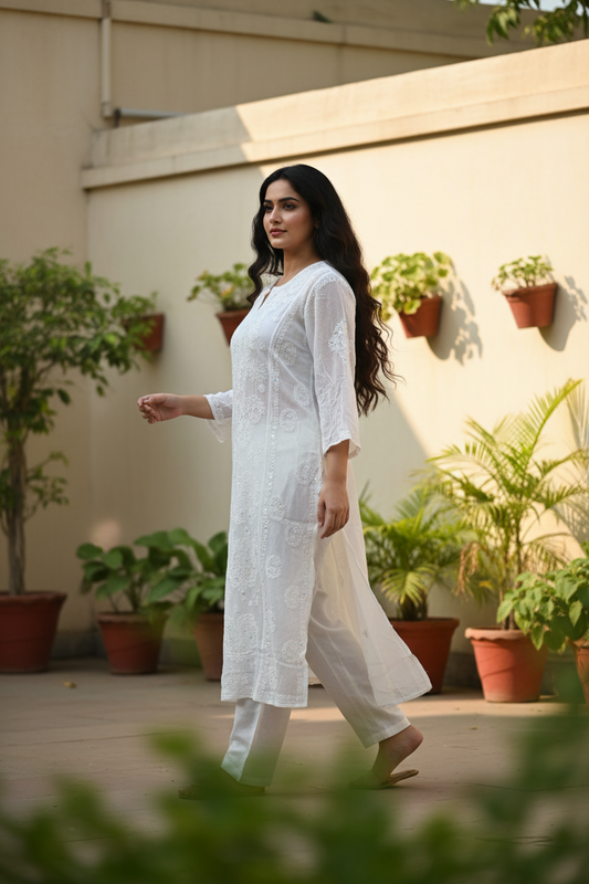 Pure Shiffon Jaal with sequence-White Kurti