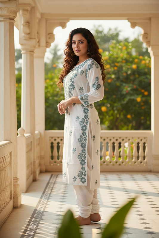Cotton White Kurti with green chikenkari work