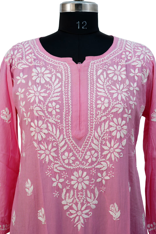 Modal Chikenkari Long -Pink Kurti