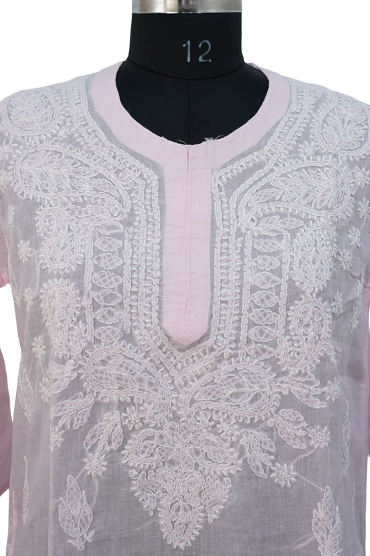 Pure Cotton Chikenkari Kurti-Pink