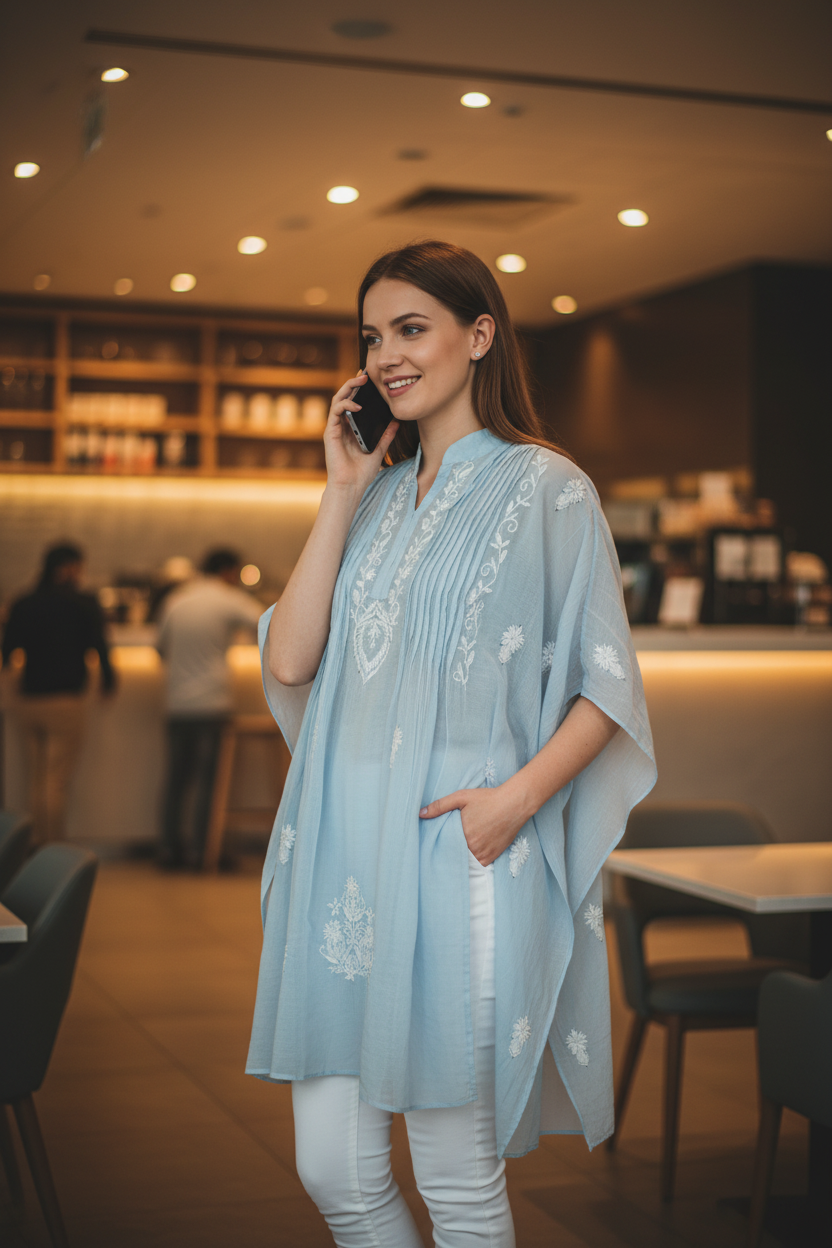 Mul Mukesh Shirt – Elegant Semi-stitched Chikankari Kurti - Blue
