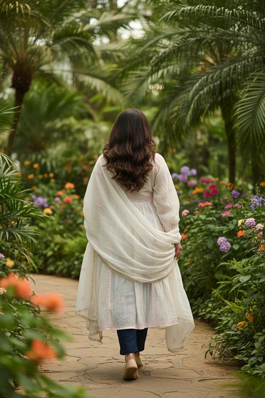 Long Kurti Mul with pink chikankari Kurti-Dupatta set