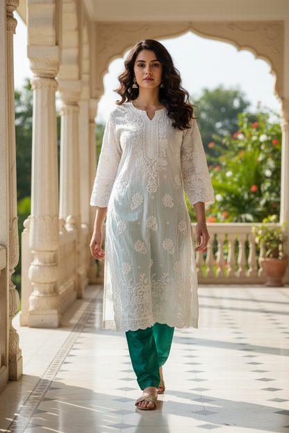 Elegant 3D White Muslin Long Kurti