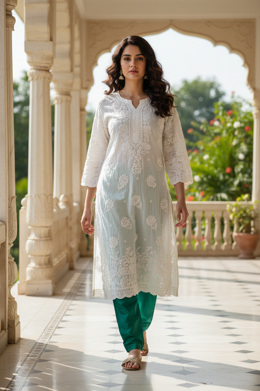 Elegant 3D White Muslin Long Kurti