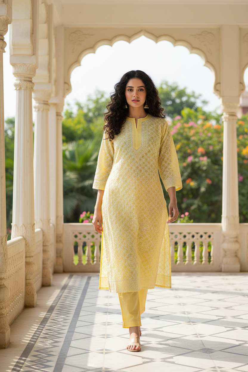 Woman in a yellow traditional outfit standing on a marble floor with decorative arches and greenery in the background.