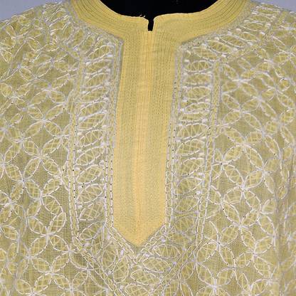 Elegant Yellow Cotton Jaal Kurti – Pure Cotton Long Kurti for Women