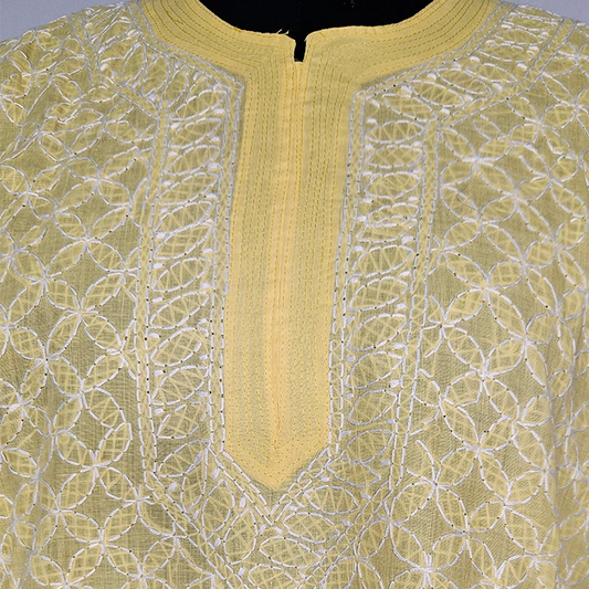 Elegant Yellow Cotton Jaal Kurti – Pure Cotton Long Kurti for Women