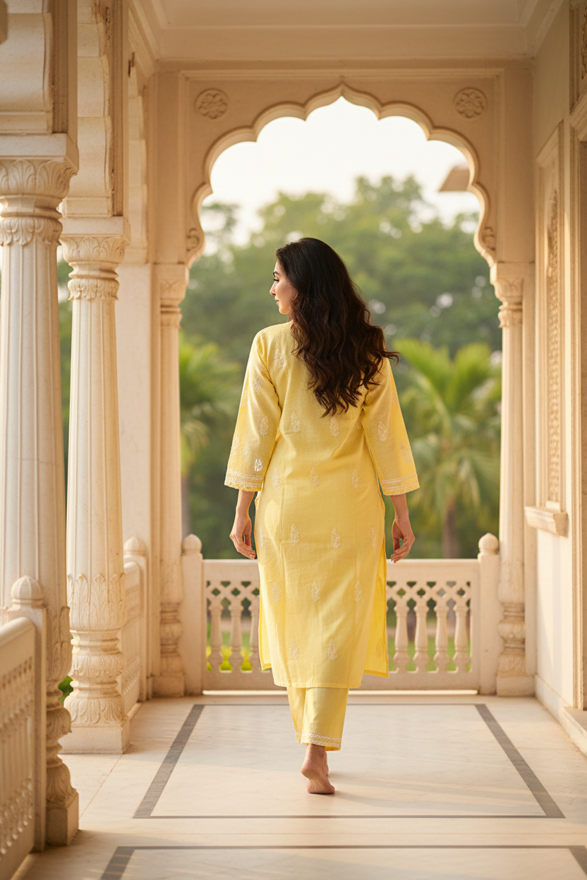 Elegant Yellow Cotton Jaal Kurti – Pure Cotton Long Kurti for Women