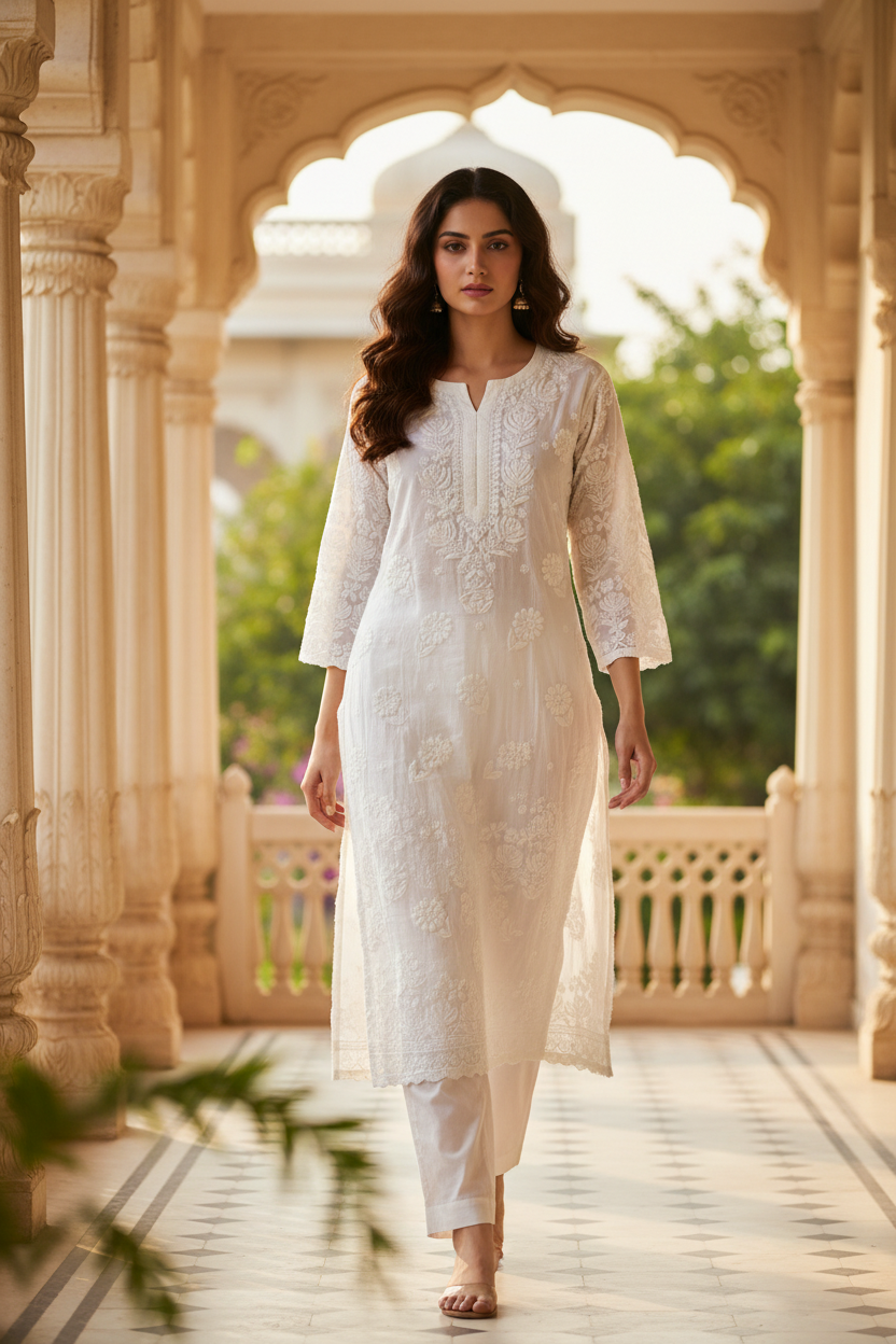 Elegant 3D White Muslin Long Kurti