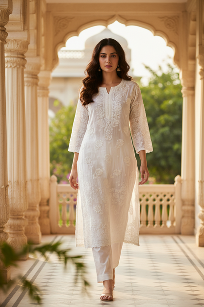 Elegant 3D White Muslin Long Kurti