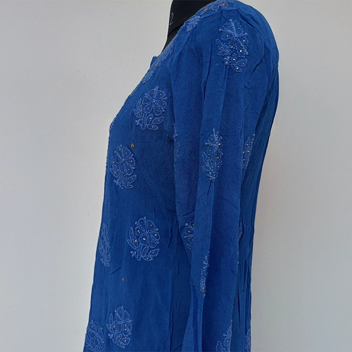 Georgette Mukesh Long Kurti – Elegant Navy Blue Semi-Formal Ethnic Wear