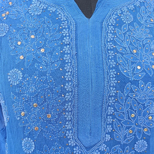 Georgette Mukesh Long Kurti – Elegant Navy Blue Semi-Formal Ethnic Wear