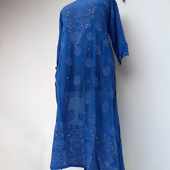 Georgette Mukesh Long Kurti – Elegant Navy Blue Semi-Formal Ethnic Wear