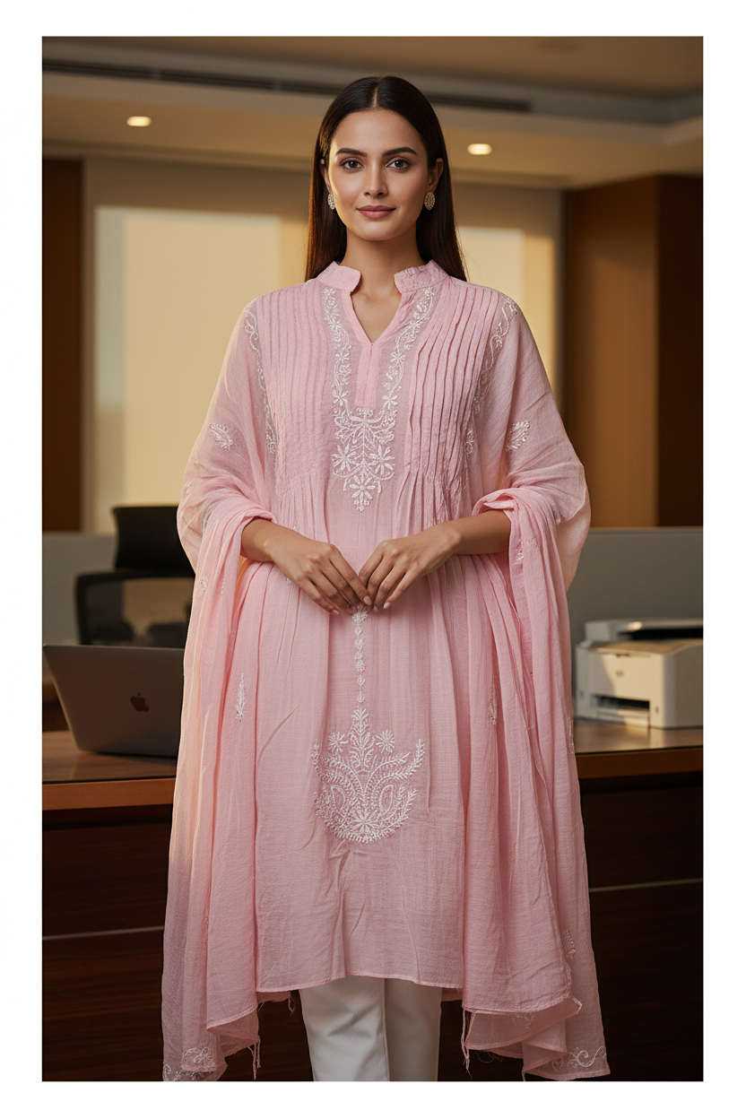 Mul Mukesh Shirt – Elegant Semi-stitched Chikankari Kurti - Pink