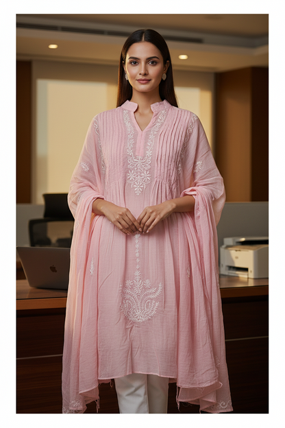 Mul Mukesh Shirt – Elegant Semi-stitched Chikankari Kurti - Pink