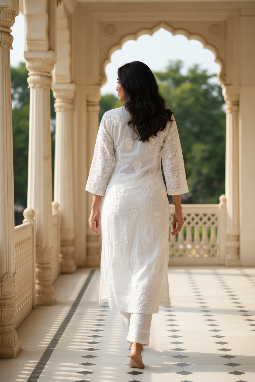 Elegant 3D White Muslin Long Kurti