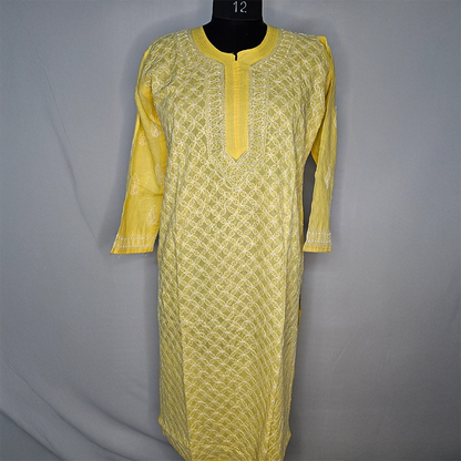 Elegant Yellow Cotton Jaal Kurti – Pure Cotton Long Kurti for Women