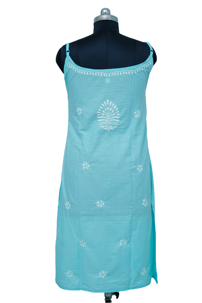 Turquoise dress with white floral embroidery on a mannequin against a white background