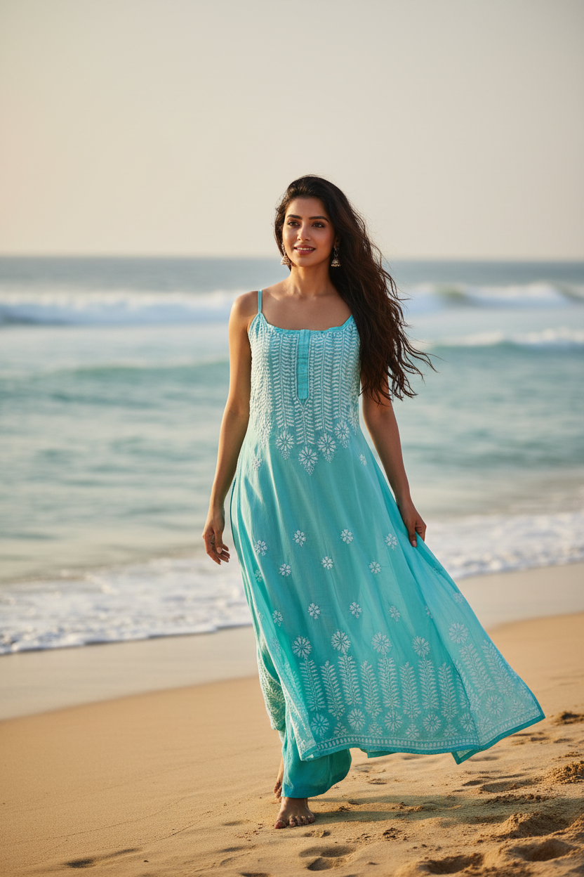 Woman in a turquoise dress standing on a beach with ocean waves in the background