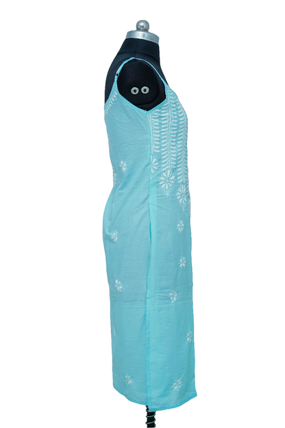 Light blue dress with white floral patterns on a mannequin against a white background