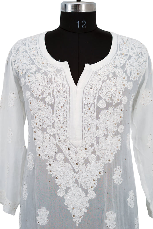 Shiffon Long Kurti-Chikenkari with Mukesh work