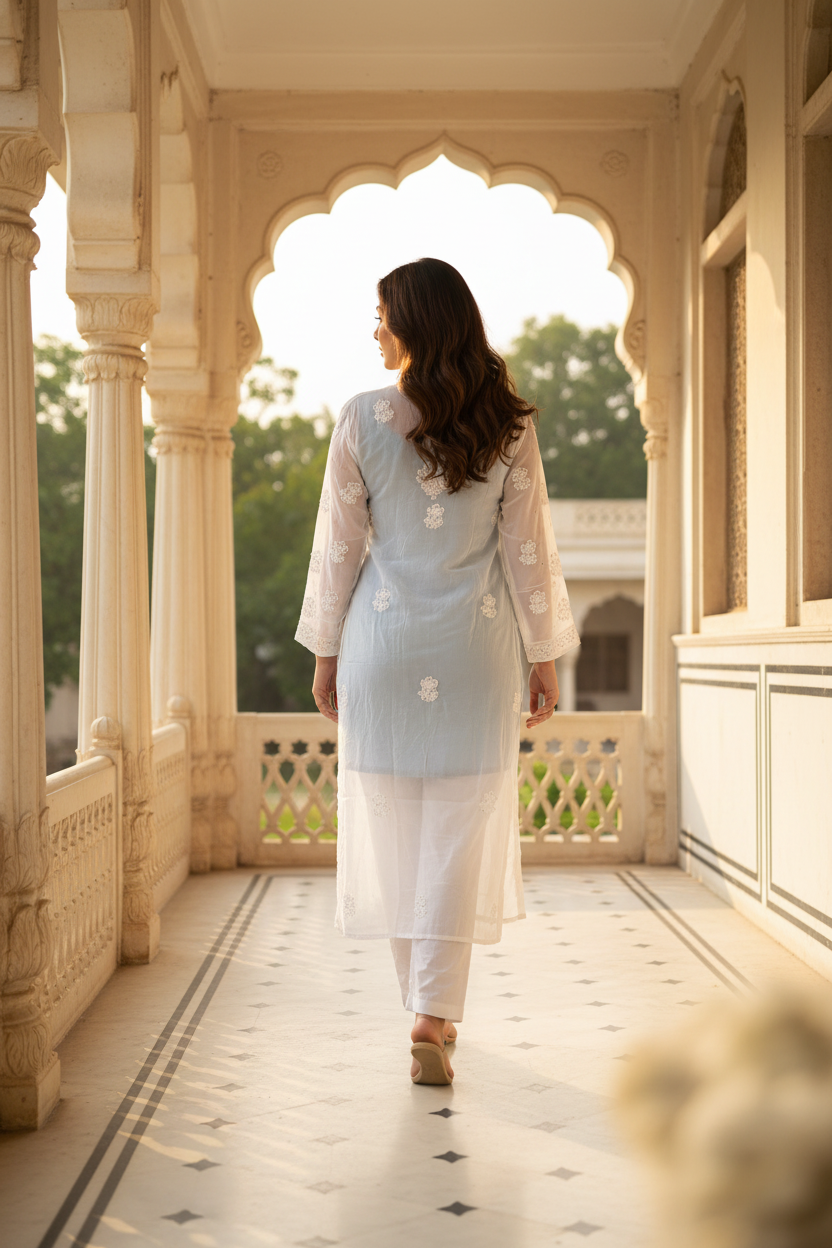 Shiffon Long Kurti-Chikenkari with Mukesh work