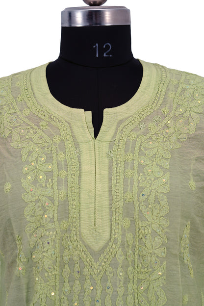 Chanderi Parrot Green-Sequence work Long Kurti