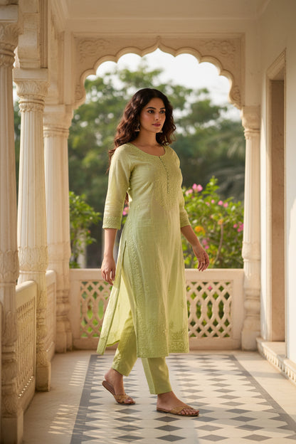 Chanderi Parrot Green-Sequence work Long Kurti