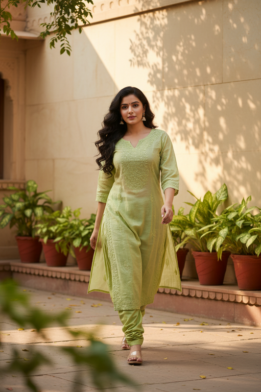 Chanderi Parrot Green-Sequence work Long Kurti