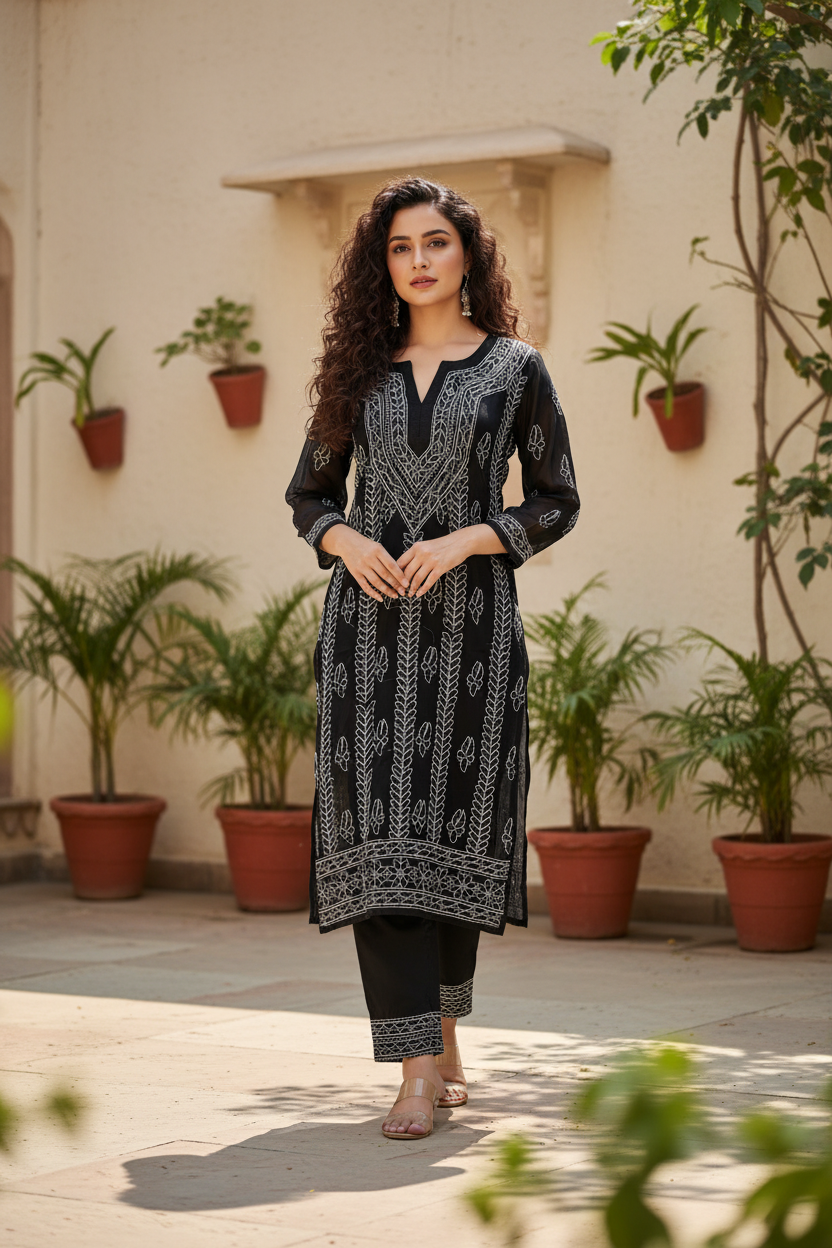 Faux Georgette-Black with White Chikankari Kurti