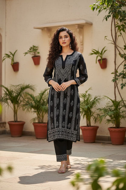 Faux Georgette-Black with White Chikankari Kurti