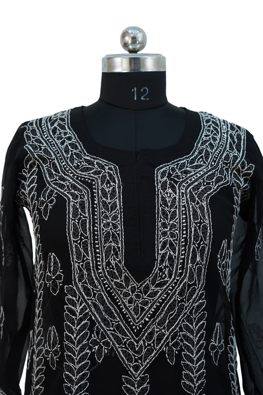 Faux Georgette-Black with White Chikankari Kurti