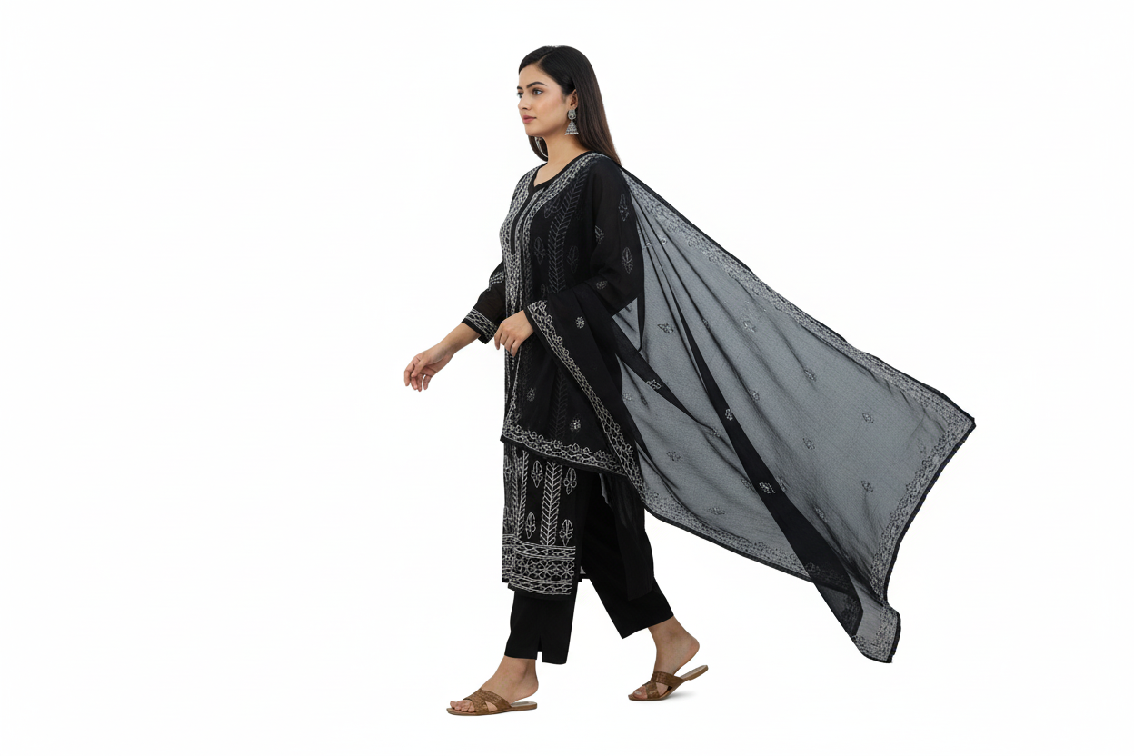 Faux Georgette-Black with White Chikankari Kurti