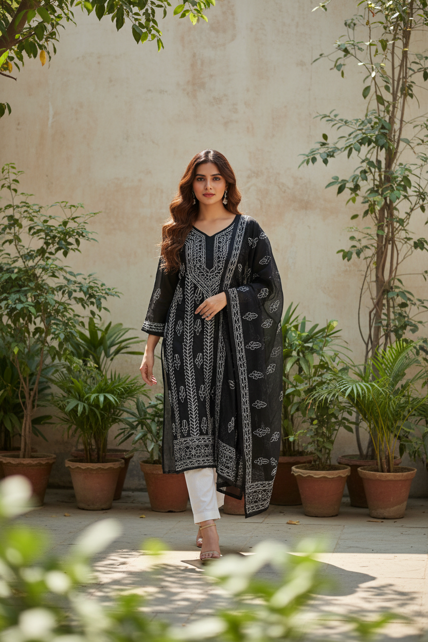 Faux Georgette-Black with White Chikankari Kurti