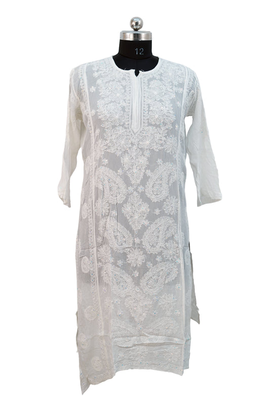 Pure Shiffon Jaal with sequence-White Kurti