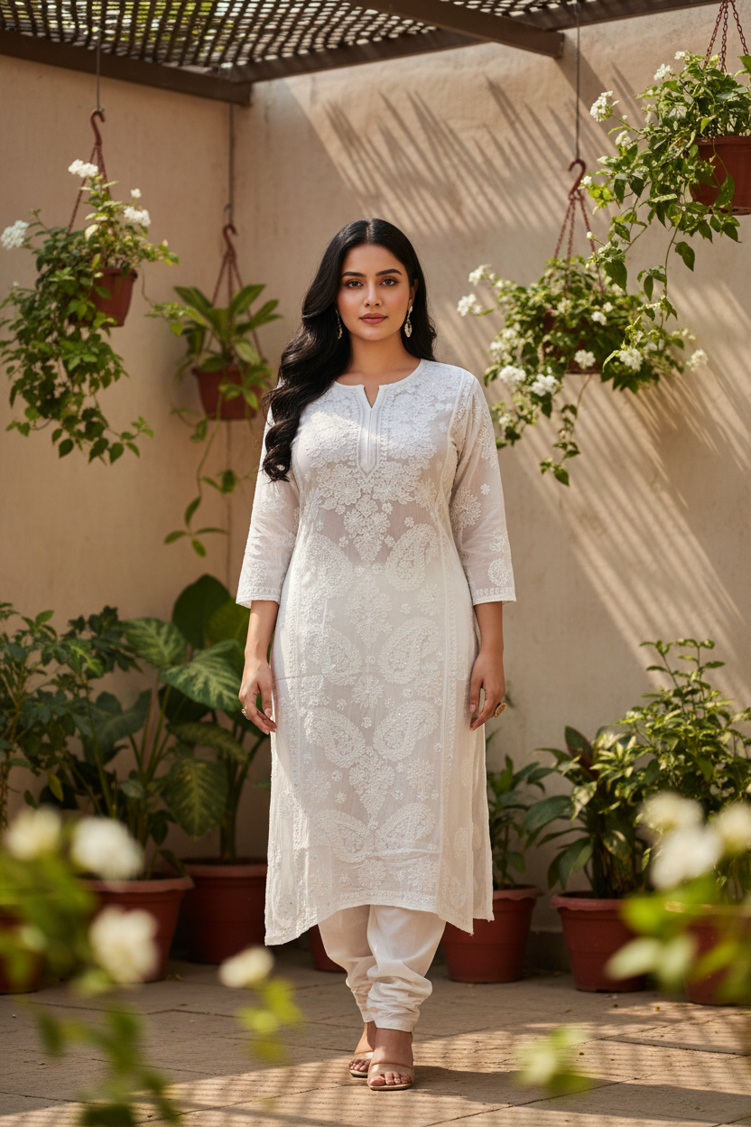 Pure Shiffon Jaal with sequence-White Kurti