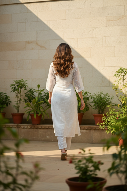 Pure Shiffon Jaal with sequence-White Kurti