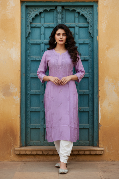 Chanderi Silk Chikankari with Sequence-Purple Kurti