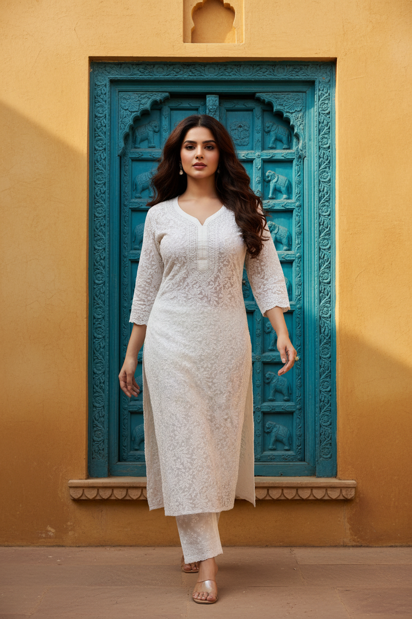 Cotton Jaal Chikenkari-White Kurti
