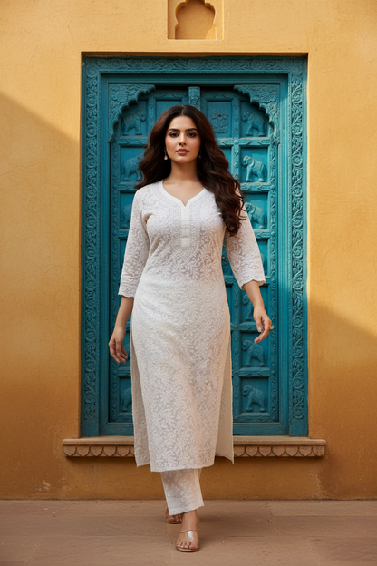 Cotton Jaal Chikenkari-White Kurti