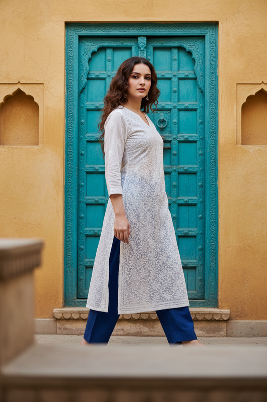 Cotton Jaal Chikenkari-White Kurti