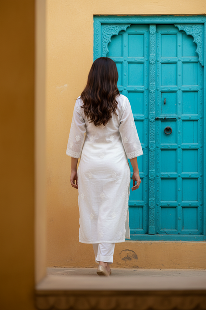 Cotton Jaal Chikenkari-White Kurti