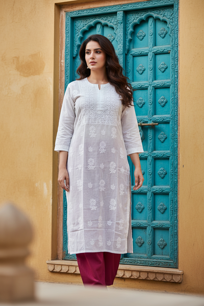 Cotton Chikenkari White Kurti