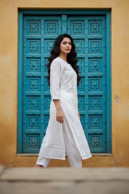 Cotton Chikenkari White Kurti