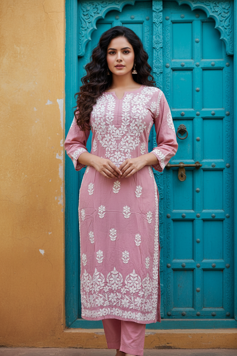 Modal 3D Chikenkari Kurti-Onion Pink