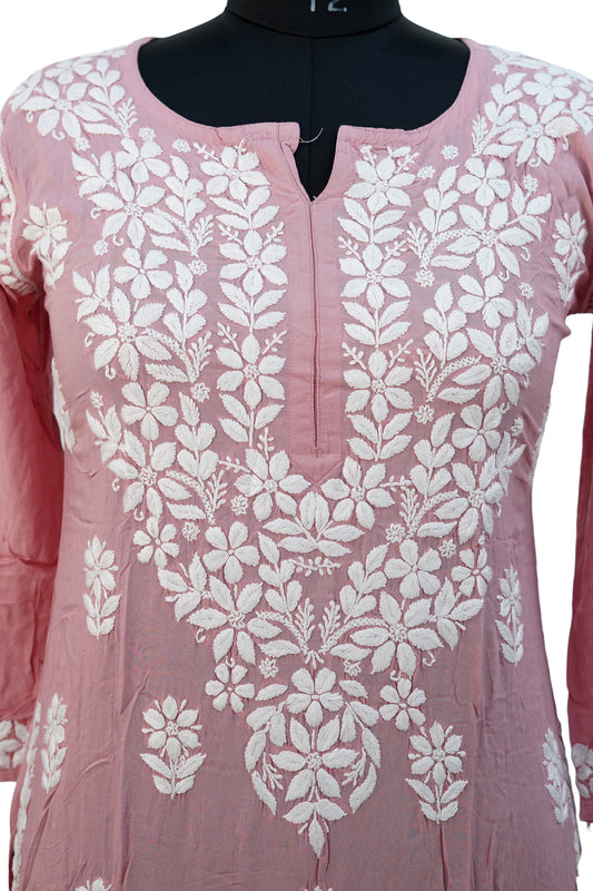 Modal 3D Chikenkari Kurti-Onion Pink