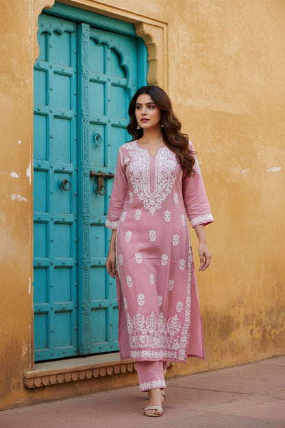 Modal 3D Chikenkari Kurti-Onion Pink